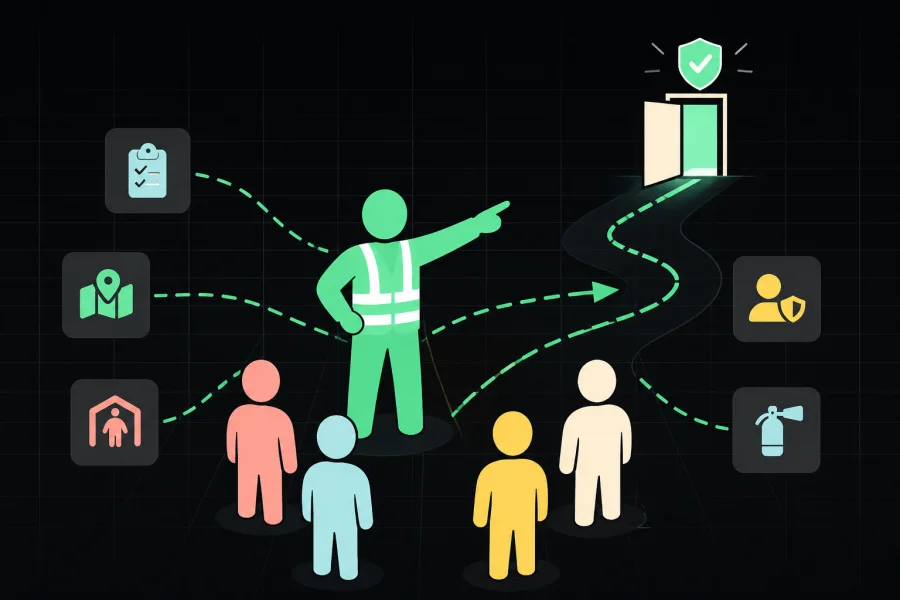 Illustrated safety leader directing a team toward a safe route